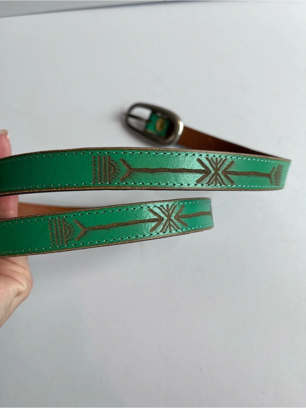 Green Leather Skinny Belt Boho Southwestern